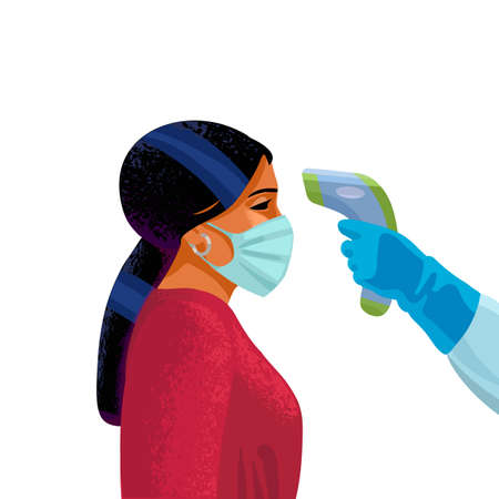 Body temperature check. Hand holding infrared forehead thermometer before face of young woman. Vector illustration.のイラスト素材