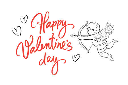 Valentines Day holidays greeting card. Happy Valentines Day handwritten text with hearts and sketch of cute Cupidのイラスト素材