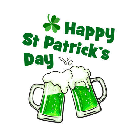 Happy Saint Patrick Day greeting card with text, two toasting mugs full of green beer and lucky shamrock clover leafのイラスト素材