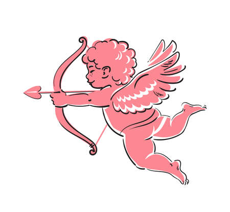 Sketch of cute funny Cupid aiming a bow and arrow. Valentines Day love symbol. Hand drawn vector illustrationのイラスト素材
