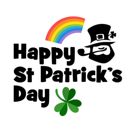 Happy Saint Patrick's Day card with text, Leprechaun face, rainbow and green shamrock three leaf clover. Hand drawn vectorのイラスト素材