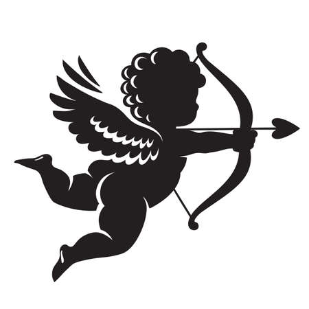 Black silhouette of Cupid aiming a bow and arrow. Valentines Day love symbol.Vector illustration isolatedのイラスト素材