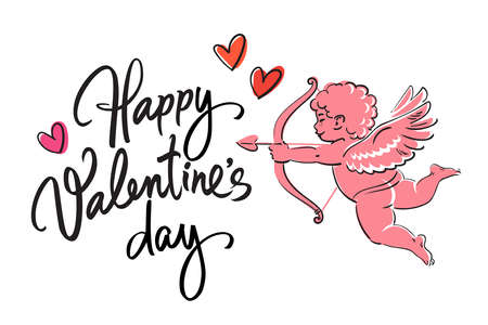 Happy Valentines Day handwritten text with red hearts and sketch of cute funny Cupid aiming bow and arrowのイラスト素材
