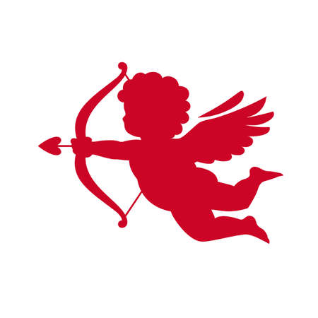 Red silhouette of Cupid aiming a bow and arrow. Valentines Day love symbol.Vector illustration isolatedのイラスト素材