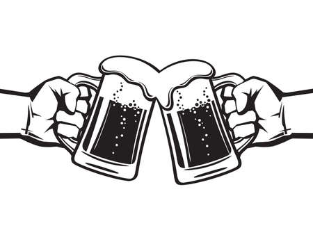 Two hands holding toasting beer mugs, Cheers. Clinking glass tankards full of beer and foam. Black vector illustration isolated on white background.のイラスト素材