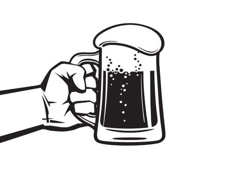 Hand holding glass mug full of beer. Hand drawn vector illustration in retro style isolated on white background.のイラスト素材