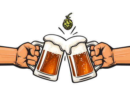 Two hands holding toasting beer mugs and hop cone. Cheers. Clinking glass tankards full of beer and foam. Vector illustrationのイラスト素材