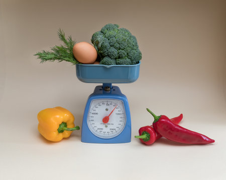 Vegetables and a weight scale on a beige background.の写真素材