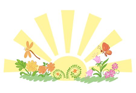 sun with flora and fauna - vector illustrationのイラスト素材