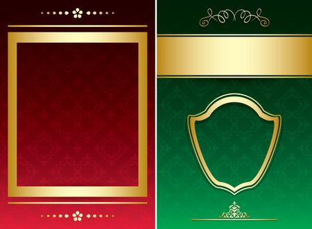 red and green vintage backgrounds with gold decorative ornaments  vectorのイラスト素材