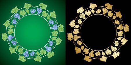 vector grape clusters on black and green backgrounds - decorative framesのイラスト素材