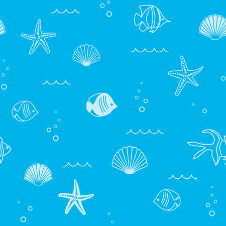 abstract light blue seamless pattern with seashells and starfish and fish - vector backgroundのイラスト素材