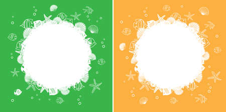 abstract backgrounds with central white frame with seashells and fish - vector sea style illustrationsのイラスト素材