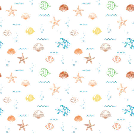 decorative colorful seamless pattern with seashells and fish - vector backgroundのイラスト素材