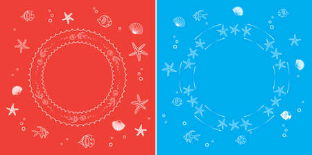 white frames with fish and seashells - red and blue vector abstract backgroundsのイラスト素材