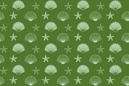 green seamless pattern with seashells and starfish - vector backgroundのイラスト素材