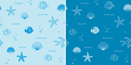 abstract blue seamless patterns with seashells and starfish and fish - vector backgroundsのイラスト素材