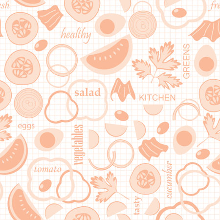 sliced vegetables and words in collage - rosy seamless vector background with salad ingredientsのイラスト素材