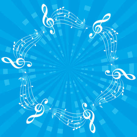 bright blue music background with white musical notes as decorative frame and center flash - vectorのイラスト素材