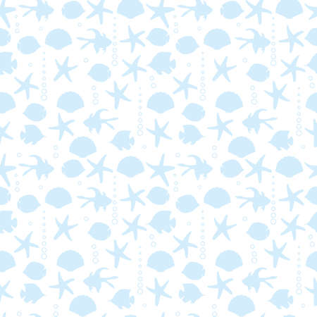 white seamless pattern with light blue silhouettes of fishes and starfishes and sea shellsのイラスト素材