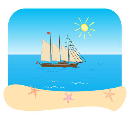 blue sea and sailing vessel - vector illustration of summer vacationのイラスト素材