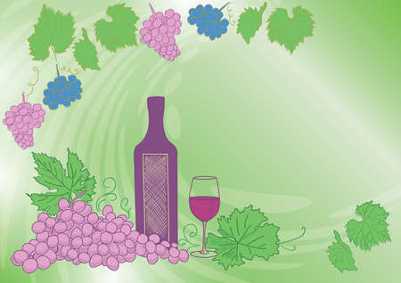 wine bottle with grape and wineglass - vector background for grape harvestのイラスト素材