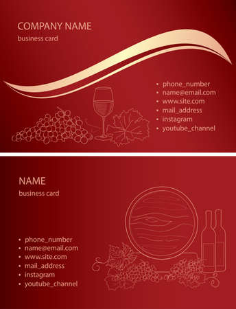 vinous business cards with grape and wine glass and wine barrel - vector sampleのイラスト素材