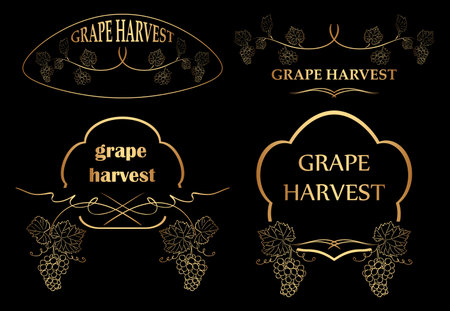 floral frames with grape for grape harvest - vector set of golden silhouettesのイラスト素材