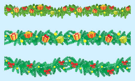 christmas decorations - vector set of seamless green garlands with bows and gift boxesのイラスト素材