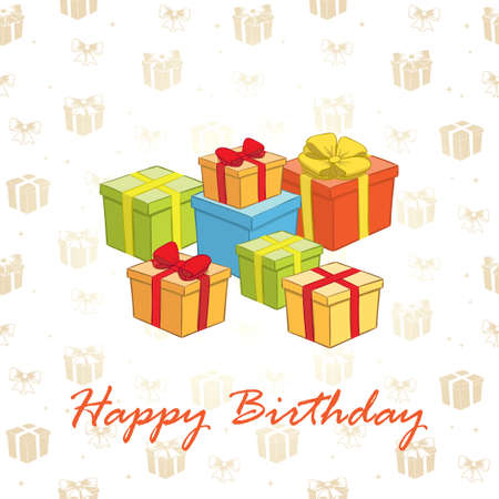 white and gold greeting card with gift boxes - vector background for birthdayのイラスト素材