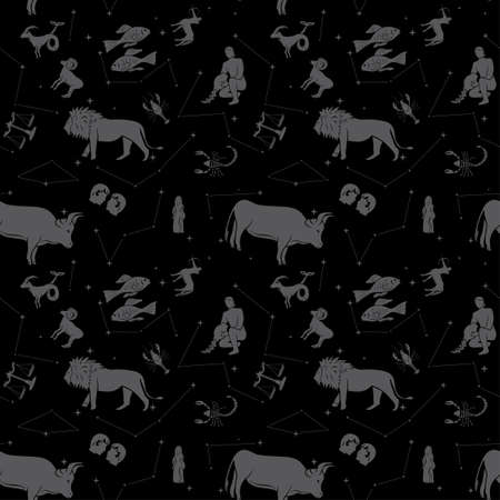 Zodiac constellations - black vector seamless pattern with stars and animalsのイラスト素材