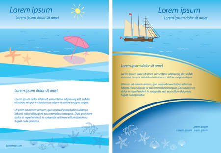 banner for summer vacation - sand beach and sailboat on waves - vector template of advertisementのイラスト素材