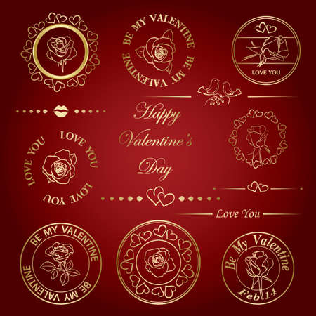 set of golden romantic frames with roses and dividers with hearts for valentine's day - vector decorative design stampsのイラスト素材