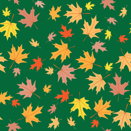 bright maple leaves on green background - vector seamless patternのイラスト素材