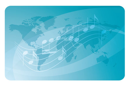 light blue vector card with abstract music notes and world mapのイラスト素材