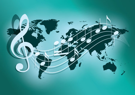 green vector background with wavy music notes and dark green world mapのイラスト素材