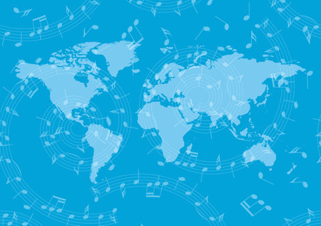 blue banner with swirl of music notes and world map - vector backgroundのイラスト素材