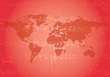 red vector background with music notes and striped world mapのイラスト素材