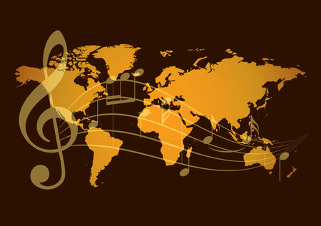orange world map with music notes on dark brown background - vectorのイラスト素材