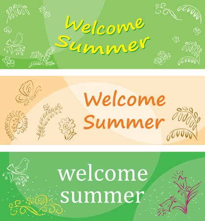 welcome summer - vector banners with birds and flowersのイラスト素材