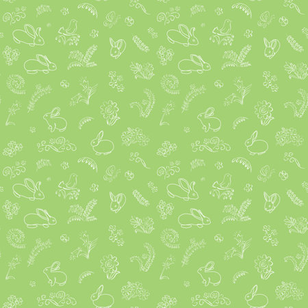 green seamless pattern with rabbits and flora - vector  backgroundのイラスト素材