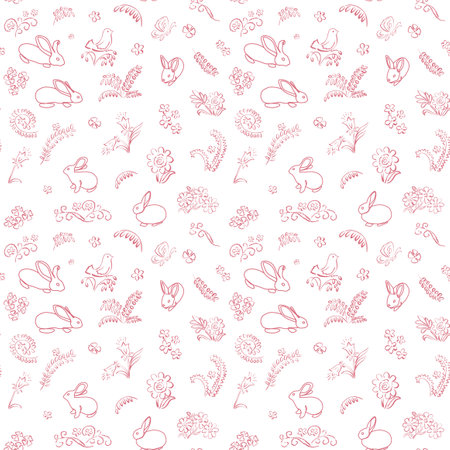 seamless pattern with rabbits and flowers - vector white background with red ornamentのイラスト素材