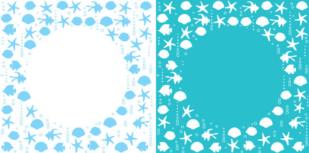 decorative backgrounds with silhouettes of seashells and fishes and starfish - vector framesのイラスト素材