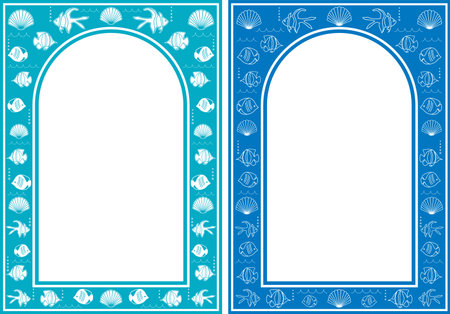decorative blue frames with white center - vector arches with fishes and seashellsのイラスト素材