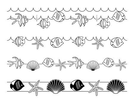 decorative seamless borders for summer holidays - vector fishes and seashells and starfishのイラスト素材