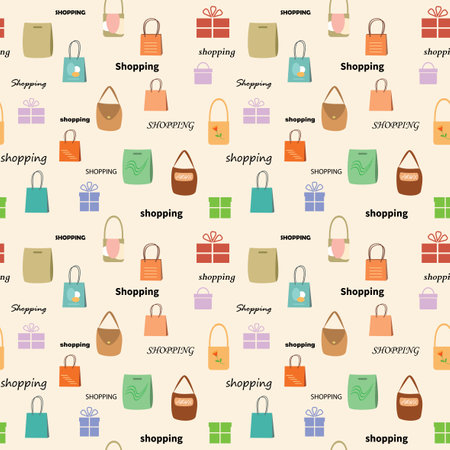 color bags on beige background - vector seamless pattern for shoppingのイラスト素材