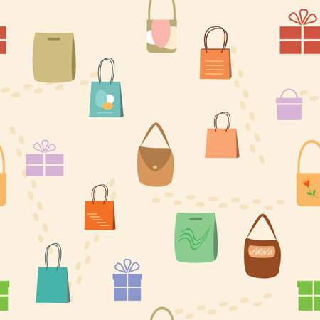 colored shopping bags and boxes on beige background - vector seamless textureのイラスト素材