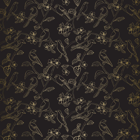 black background with golden birds on branches. Vector illustration with gradientのイラスト素材