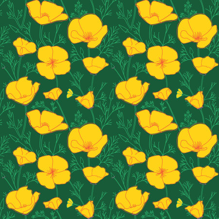 dark green seamless pattern with yellow Eschscholzia flowers. California poppy - vector backgroundのイラスト素材