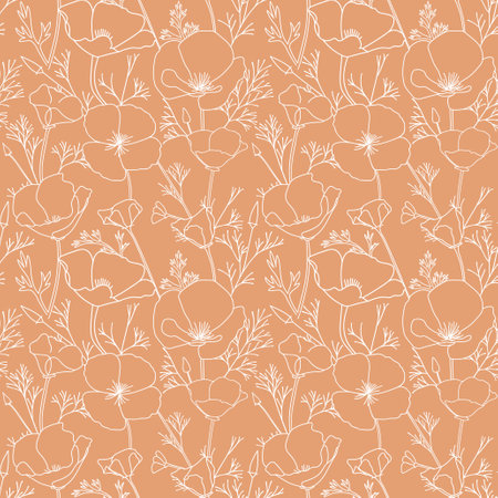 white ornament with Eschscholzia flowers. California poppy - vector decorative seamless patternのイラスト素材